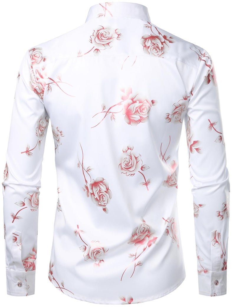 ZEROYAA Mens Hipster 3D Rose Deign Slim Fit Long Sleeve Button Up Dress Shirts ZZCL22 White Pink Large - Image 2